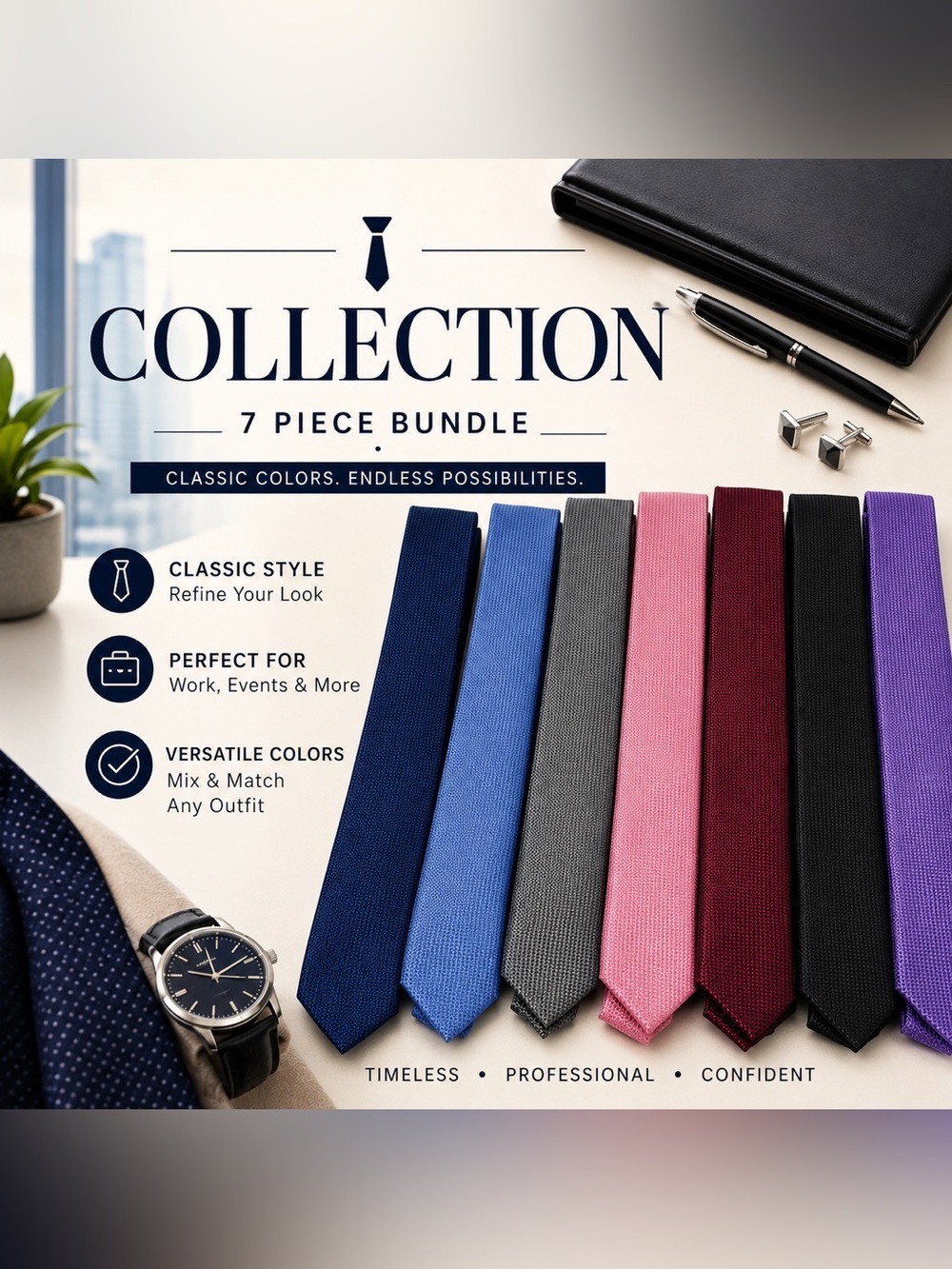 Men’s Tie Bundle of 7 Textured Silk/Poly Neckties Navy Gray Pink Black Purple